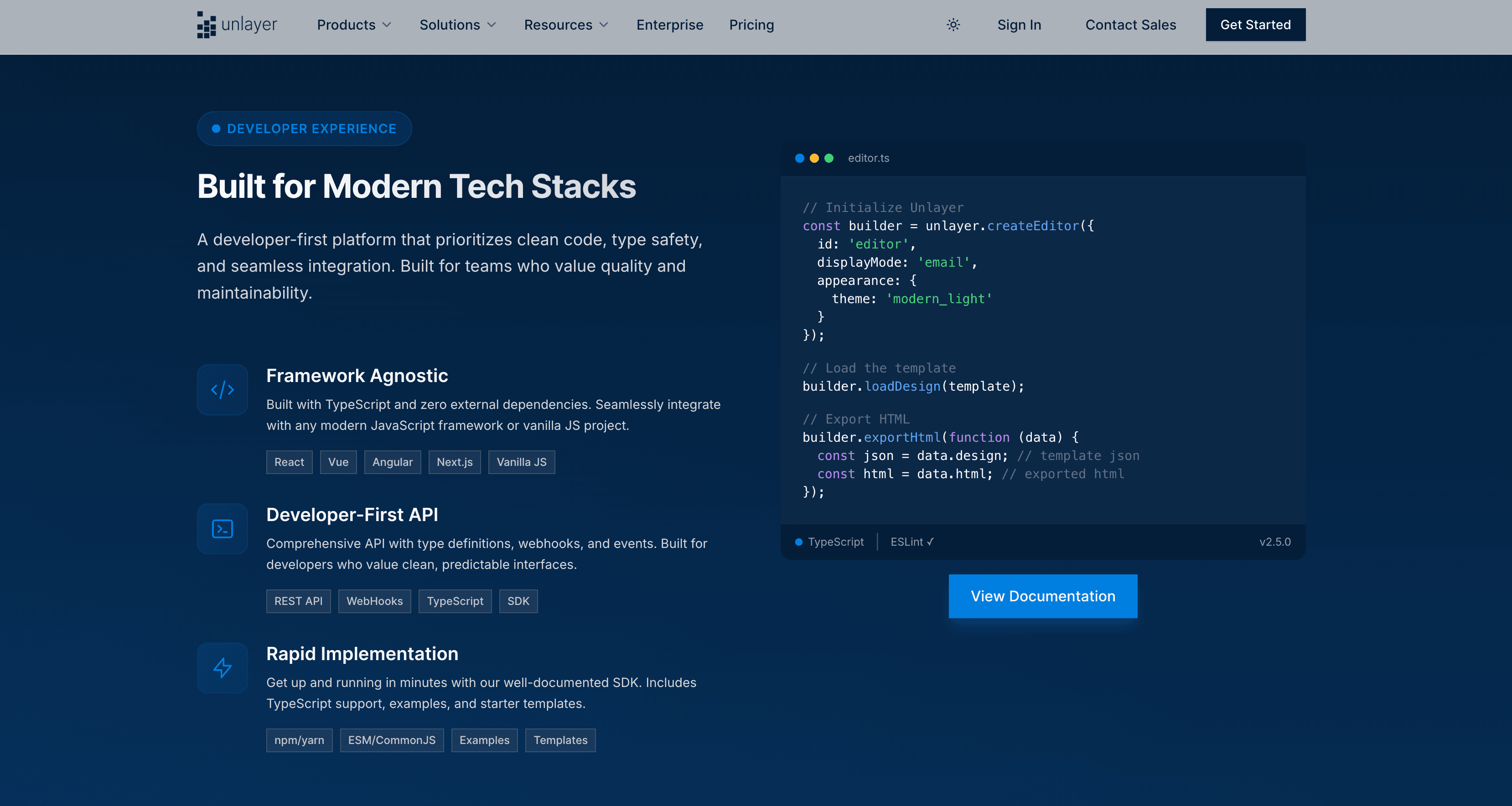 Screenshot of Unlayer’s homepage showing that it is built for modern tech stacks. Screenshot of Unlayer’s homepage showing that it is built for modern tech stacks.