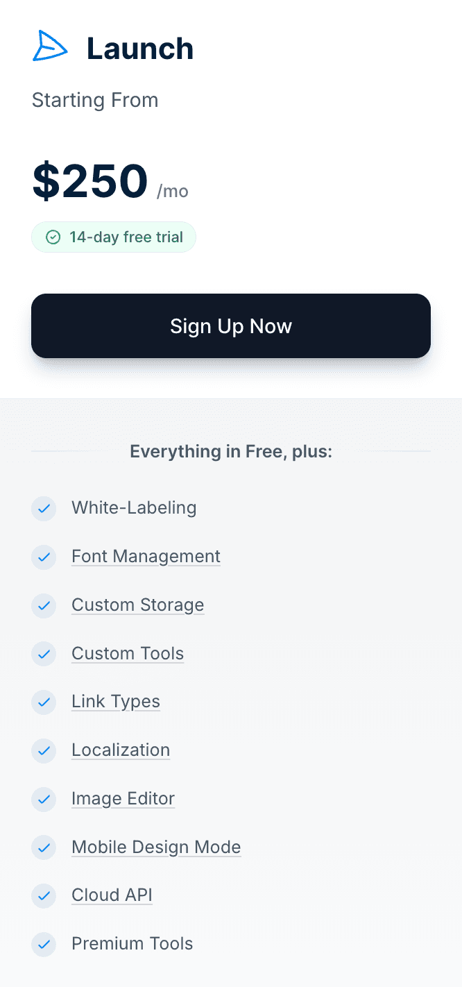 Unlayer’s Launch plan pricing and features.