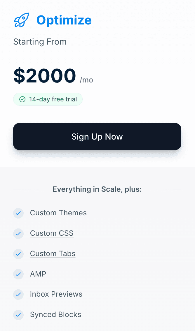 Unlayer’s Optimize plan pricing and features. Unlayer’s Optimize plan pricing and features.