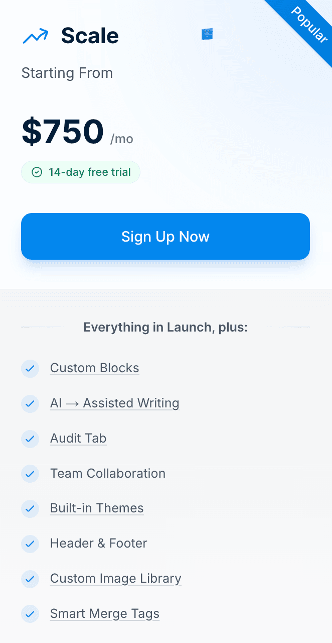 Unlayer’s Scale plan pricing and features. Unlayer’s Scale plan pricing and features.