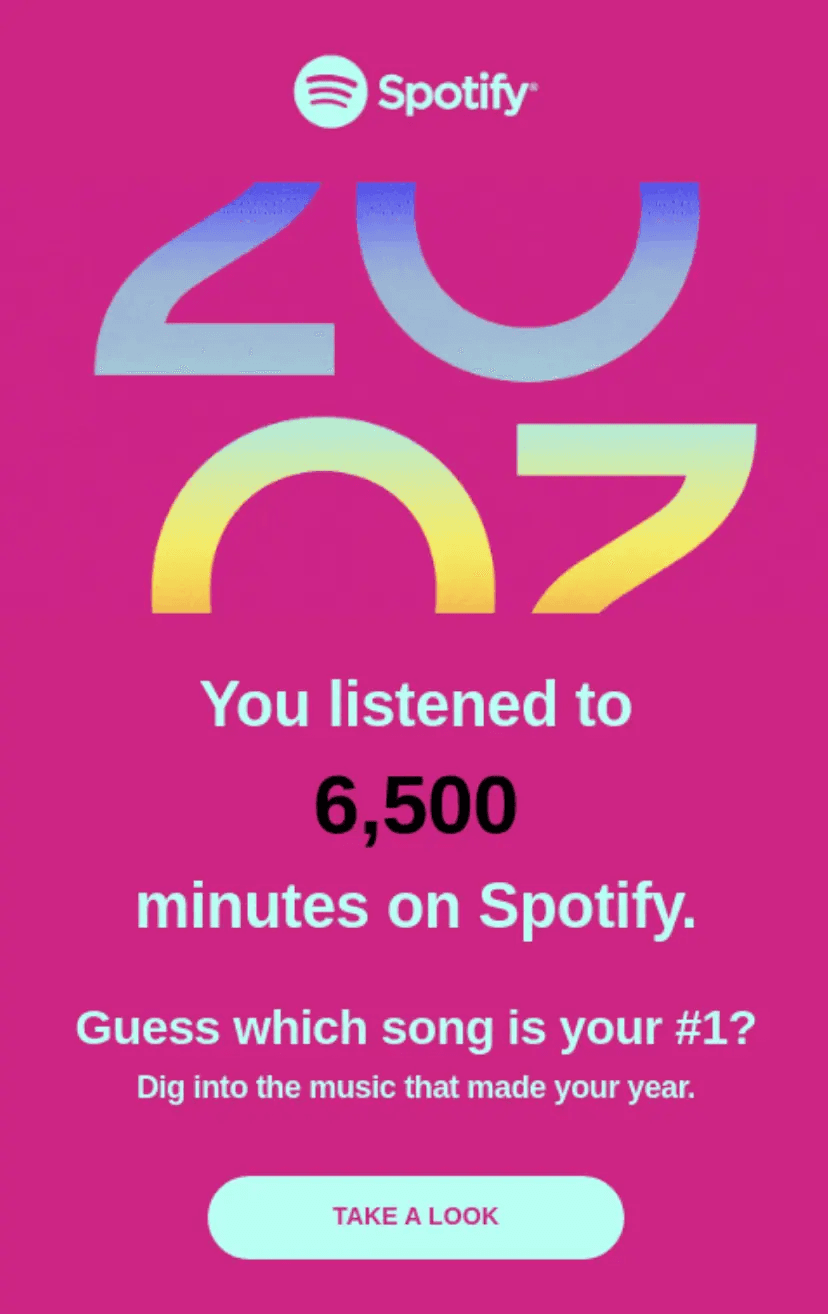 Example of a hyper-personalized Spotify Wrapped email showing user listening data to boost engagement.